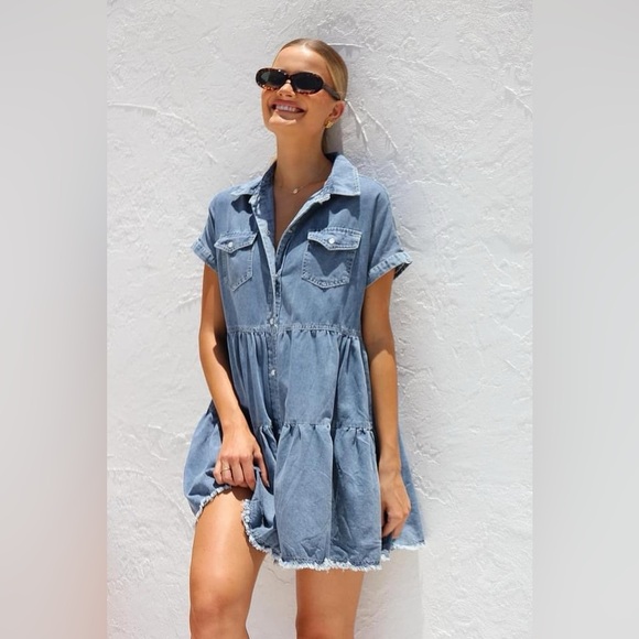FRAYED HEM COLLARED DENIM MINI DRESS - Picture 7 of 12